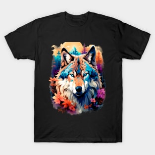 A Grey Wolf with Mountains, Floral Elements, Forests, Trees T-Shirt